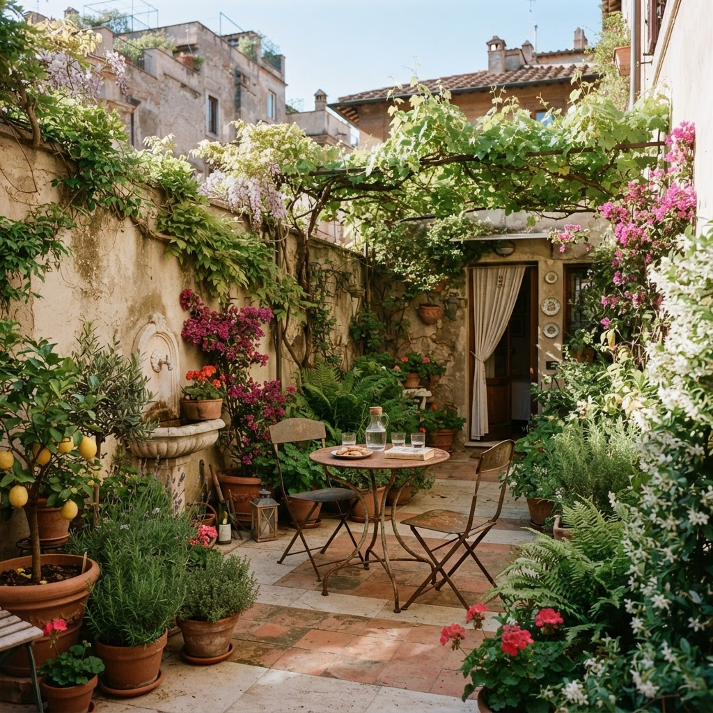 Private garden with plants and seating at Casa Salvia