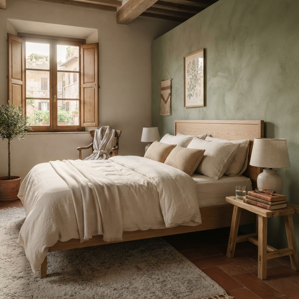 Cozy interior corner of Casa Salvia with a double bed and books